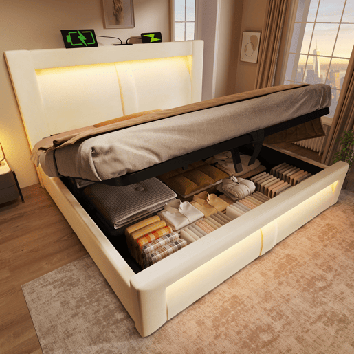 Cama de casal de veludo 160x200 cm com armazenamento e luz led,bege