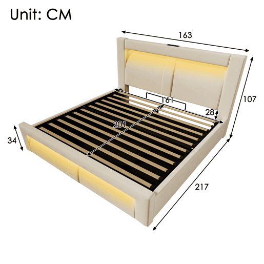 Cama de casal de veludo 160x200 cm com armazenamento e luz led,bege