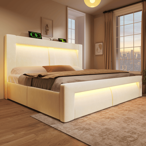 Cama de casal de veludo 160x200 cm com armazenamento e luz led,bege