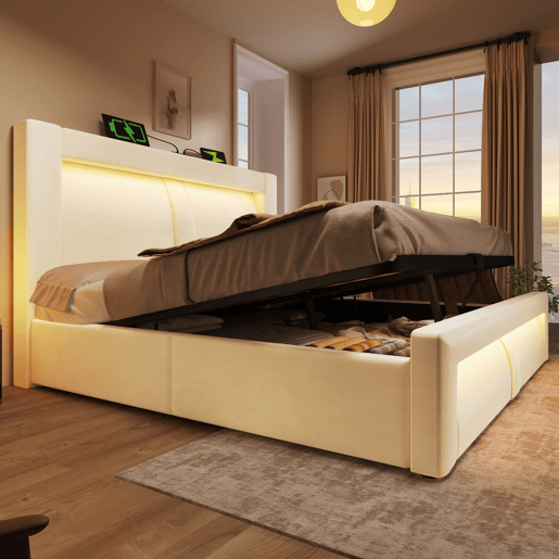 Cama de casal de veludo 160x200 cm com armazenamento e luz led,bege