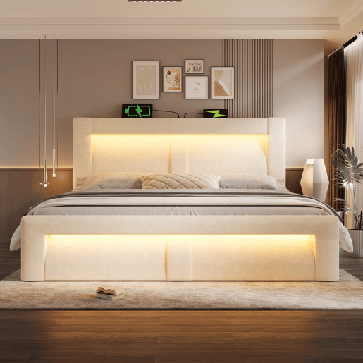 Cama de casal de veludo 160x200 cm com armazenamento e luz led,bege