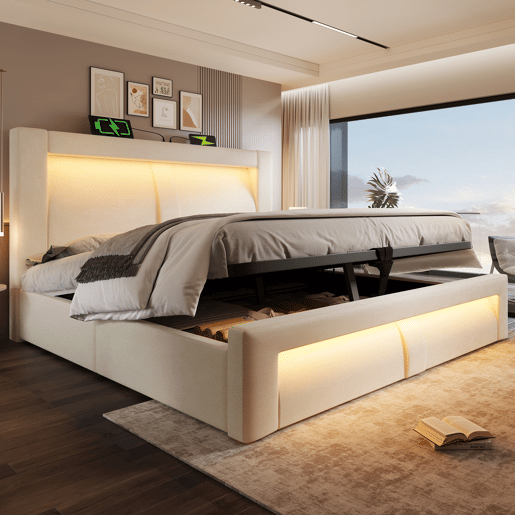 Cama de casal de veludo 160x200 cm com armazenamento e luz led,bege