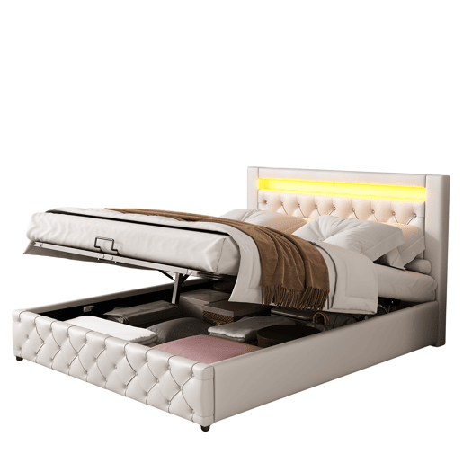 Cama de casal de pu 140x190 cm com armazenamento e luz led,branco