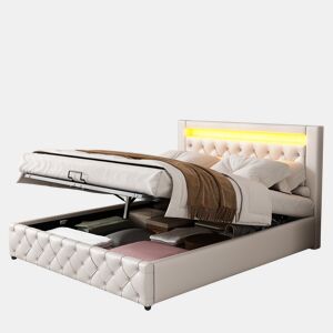 Cama de casal de pu 140x190 cm com armazenamento e luz led,branco