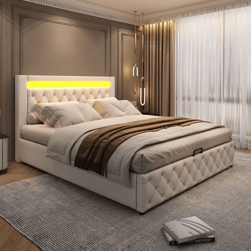 Cama de casal de pu 140x190 cm com armazenamento e luz led,branco