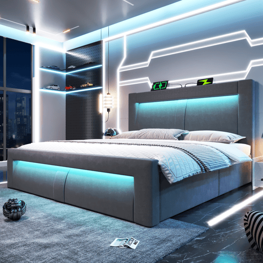 Cama de casal de veludo 160x200 cm com armazenamento e luz led,cinza