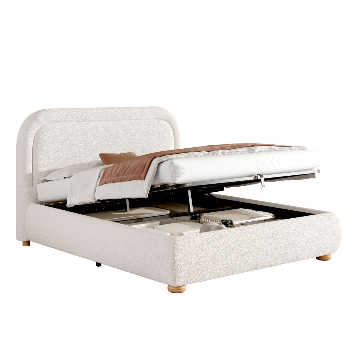 Cama de matrimonio de tela 160x200 cm con almacenaje,blanco