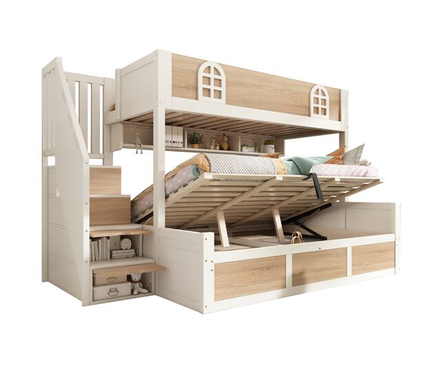 Litera infantil de madera maciza 140x200(90x200) cm,blanco+natural