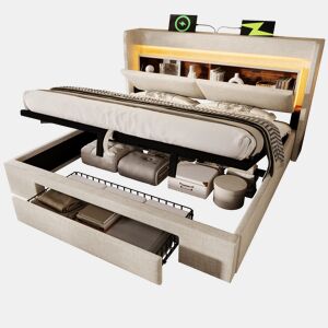Cama de casal de linho 140x200 cm com armazenamento e luz led,bege