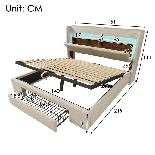 Cama de casal de linho 140x200 cm com armazenamento e luz led,bege