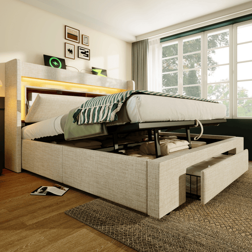 Cama de casal de linho 140x200 cm com armazenamento e luz led,bege