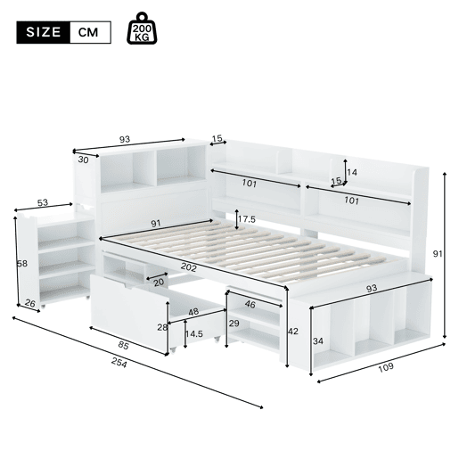 Cama juvenile,cama de solteiro de mdf 90x200 cm,branco