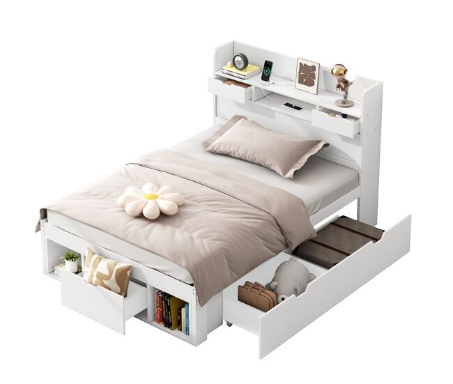 cama juvenil,cama individual de madera de pino 90x190 cm,blanco