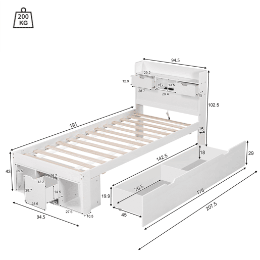 Cama juvenile,cama de solteiro de madeira de pinho 90x190 cm,branco