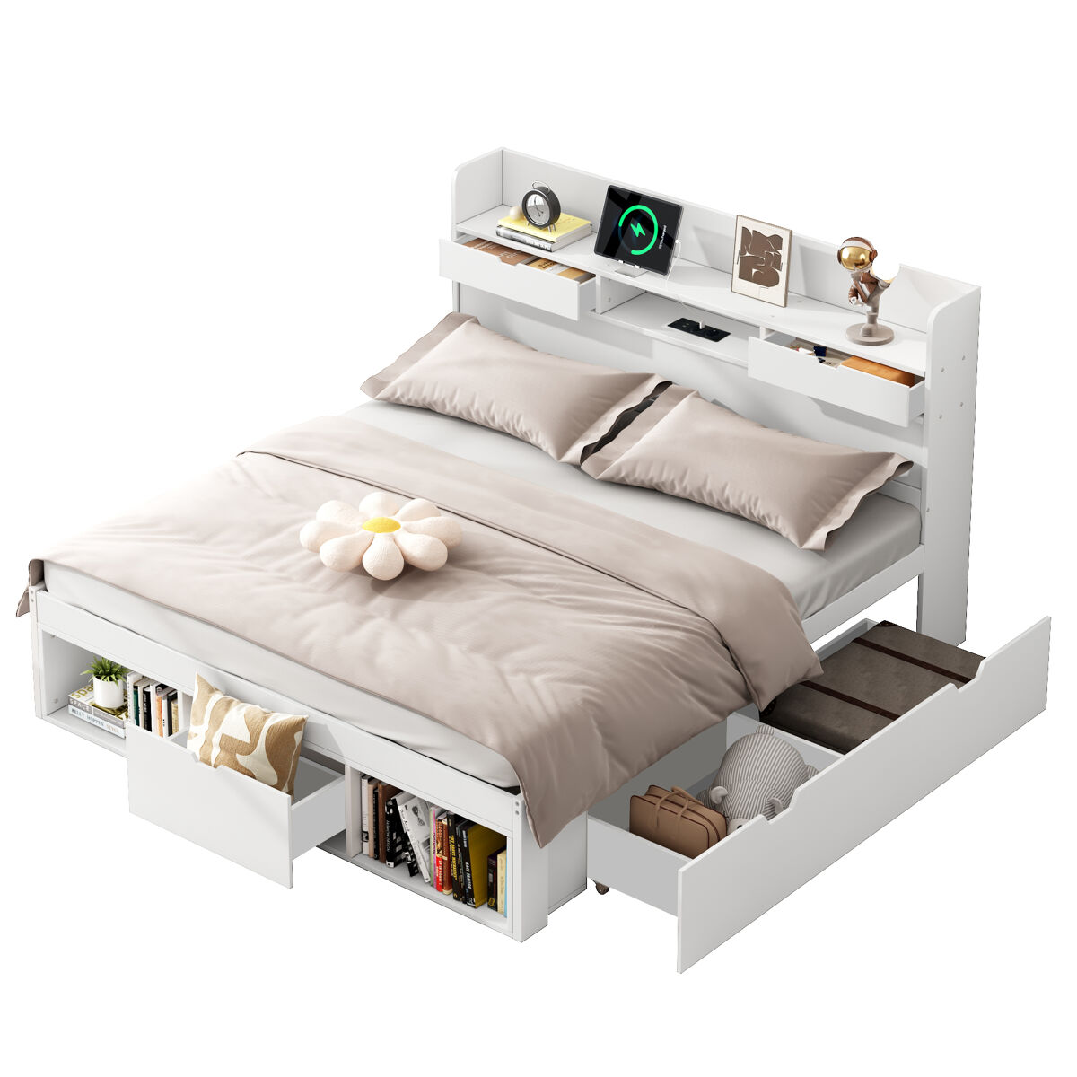 Cama juvenil,cama de matrimonio de madera de pino 140x190 cm,blanco