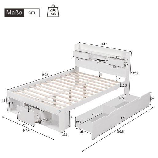 Cama juvenile,cama de casal de madeira de pinho 140x190 cm,branco