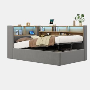 Cama de solteiro de veludo 90x200 cm com armazenamento e luz led,cinza