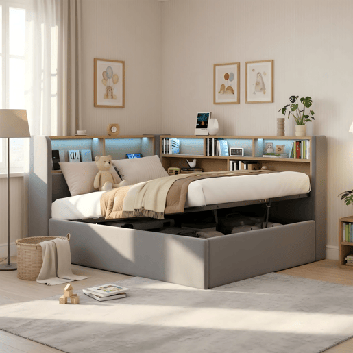 Cama de solteiro de veludo 90x200 cm com armazenamento e luz led,cinza