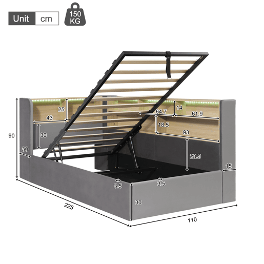 Cama de solteiro de veludo 90x200 cm com armazenamento e luz led,cinza