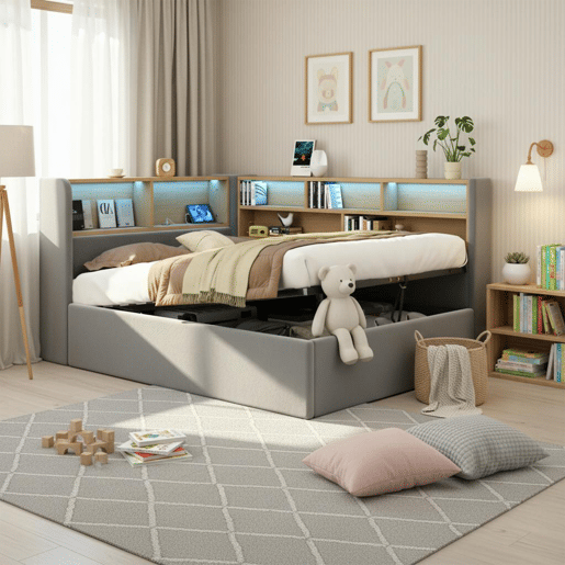 Cama de solteiro de veludo 90x200 cm com armazenamento e luz led,cinza