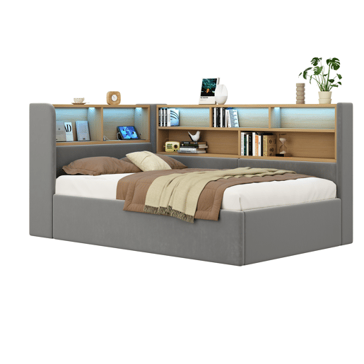 Cama de solteiro de veludo 90x200 cm com armazenamento e luz led,cinza
