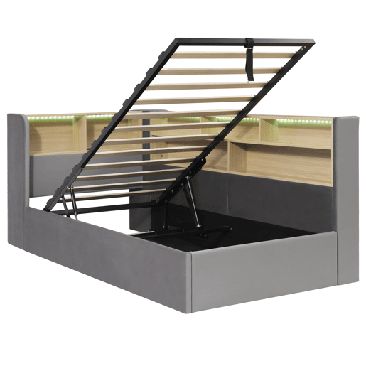 Cama de solteiro de veludo 90x200 cm com armazenamento e luz led,cinza