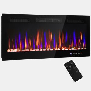 HOMCOM Lareira Elétrica Ultrafina de Parede e Embutir com Chama 3D Lareira Decorativa BrilhoVelocidade Ajustável 12 Cores Pedras 9001800W Temporizador Termóstato Controlo Remoto 106,7x9,4x47 cm Preto