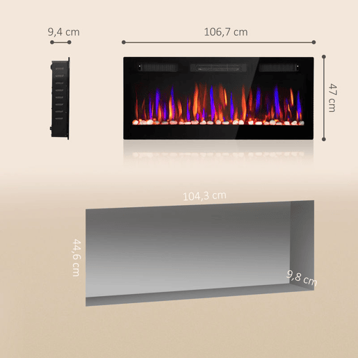 HOMCOM Lareira Elétrica Ultrafina de Parede e Embutir com Chama 3D Lareira Decorativa BrilhoVelocidade Ajustável 12 Cores Pedras 9001800W Temporizador Termóstato Controlo Remoto 106,7x9,4x47 cm Preto HOMCOM Lareira Elétrica Ultrafina de Parede e Embutir com Chama 3D Lareira Decorativa BrilhoVelocidade Ajustável 12 Cores Pedras 9001800W Temporizador Termóstato Controlo Remoto 106,7x9,4x47 cm Preto