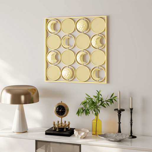 HOMCOM Decoração de Parede Metálica de Fases Lunares Adornos Metálicos Multidirecionais com 16 Discos para Sala Quarto Corredor 67,9x67,9 Dourado