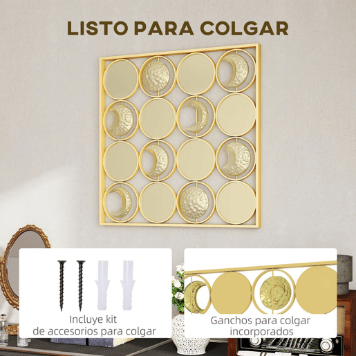 HOMCOM Decoração de Parede Metálica de Fases Lunares Adornos Metálicos Multidirecionais com 16 Discos para Sala Quarto Corredor 67,9x67,9 Dourado