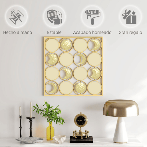 HOMCOM Decoração de Parede Metálica de Fases Lunares Adornos Metálicos Multidirecionais com 16 Discos para Sala Quarto Corredor 67,9x67,9 Dourado