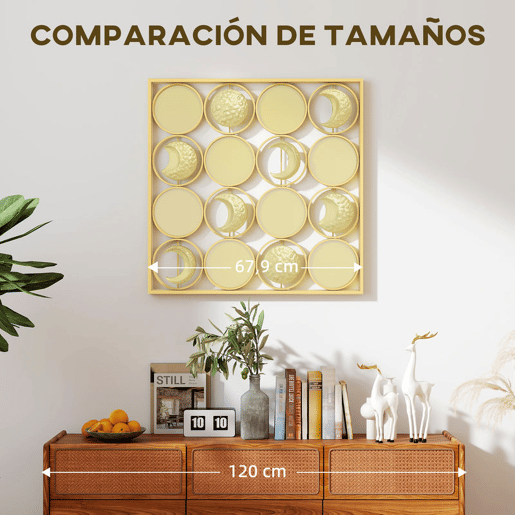 HOMCOM Decoração de Parede Metálica de Fases Lunares Adornos Metálicos Multidirecionais com 16 Discos para Sala Quarto Corredor 67,9x67,9 Dourado