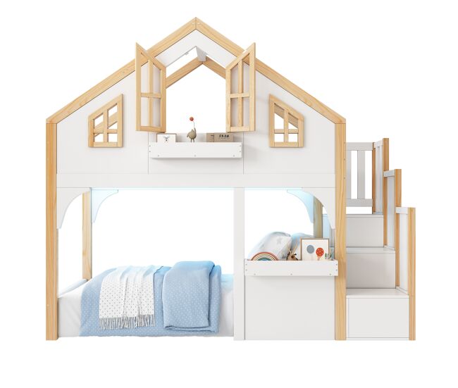 Litera infantil de madera de pino 90x200 cm con luz led,blanco+natural