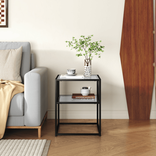 Mesa de apoio Tronevn vidro aço 50x40x40 cm preto en.casa