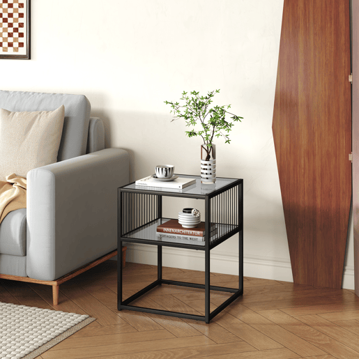 Mesa de apoio Tronevn vidro aço 50x40x40 cm preto en.casa