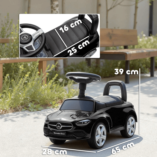 AIYAPLAY Carro Andador para Crianças de 18-36 Meses Mercedes-Benz Classe C Carro de Passeio com Buzina Volante Sons de Motor e Espaço de Armazenamento 65x28x39 cm Preto