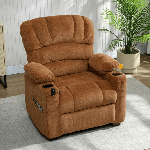 HOMCOM Poltrona Relax Reclinável Elétrica, Poltrona Silenciosa de Veludo com Função Memória, Apoio para os Pés, Comando à Distância, Bolsos Laterais, Porta USB, Suporte para Copos, Encosto Concha, Castanho