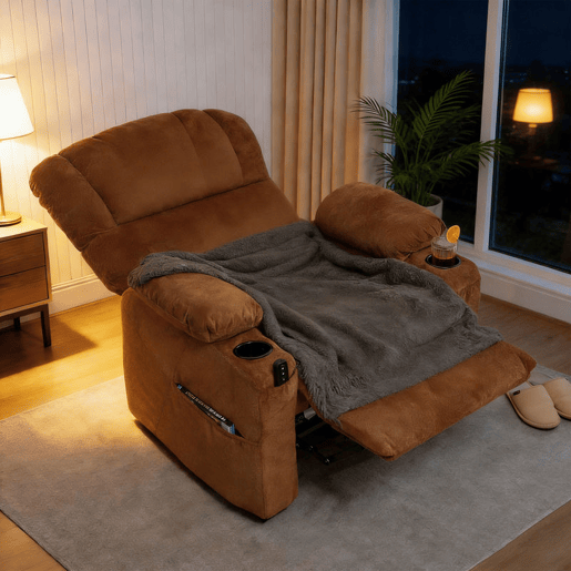 HOMCOM Poltrona Relax Reclinável Elétrica, Poltrona Silenciosa de Veludo com Função Memória, Apoio para os Pés, Comando à Distância, Bolsos Laterais, Porta USB, Suporte para Copos, Encosto Concha, Castanho