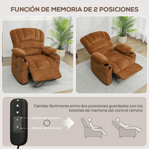 HOMCOM Poltrona Relax Reclinável Elétrica, Poltrona Silenciosa de Veludo com Função Memória, Apoio para os Pés, Comando à Distância, Bolsos Laterais, Porta USB, Suporte para Copos, Encosto Concha, Castanho