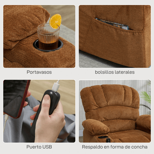 HOMCOM Poltrona Relax Reclinável Elétrica, Poltrona Silenciosa de Veludo com Função Memória, Apoio para os Pés, Comando à Distância, Bolsos Laterais, Porta USB, Suporte para Copos, Encosto Concha, Castanho
