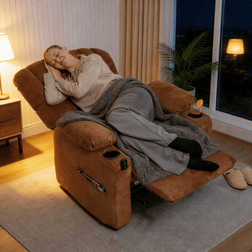 HOMCOM Poltrona Relax Reclinável Elétrica, Poltrona Silenciosa de Veludo com Função Memória, Apoio para os Pés, Comando à Distância, Bolsos Laterais, Porta USB, Suporte para Copos, Encosto Concha, Castanho