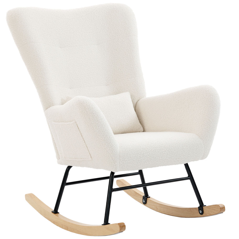 Homcom silla mecedora moderna, mecedora tapizada en terciopelo de teddy, sillón de lactancia con respaldo acolchado alto, almohada, patas de madera, bolsillo lateral, para dormitorio, salón, crema