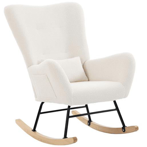 HOMCOM Poltrona Baloiço em Borrego Sintético Poltrona para Amamentação com Encosto Acolchoado Almofada e Base de Madeira de Borracha Suporta 120 kg 67x82x100 cm Creme