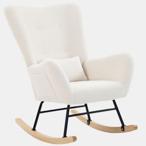 HOMCOM Poltrona Baloiço em Borrego Sintético Poltrona para Amamentação com Encosto Acolchoado Almofada e Base de Madeira de Borracha Suporta 120 kg 67x82x100 cm Creme