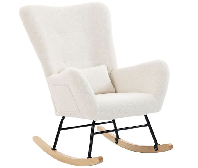 Homcom silla mecedora moderna, mecedora tapizada en terciopelo de teddy, sillón de lactancia con respaldo acolchado alto, almohada, patas de madera,