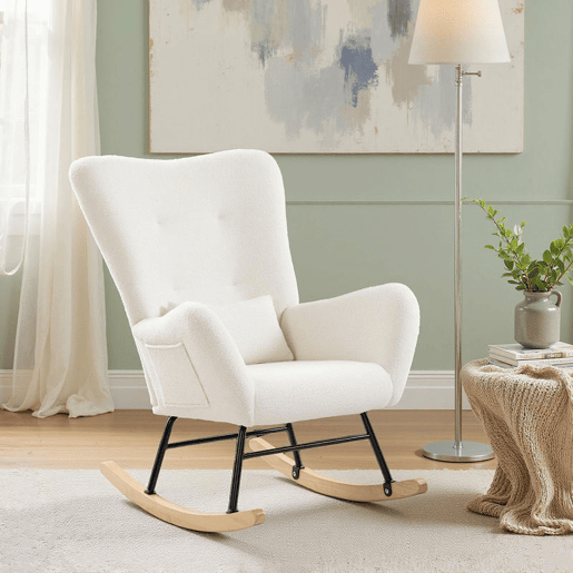 HOMCOM Poltrona Baloiço em Borrego Sintético Poltrona para Amamentação com Encosto Acolchoado Almofada e Base de Madeira de Borracha Suporta 120 kg 67x82x100 cm Creme