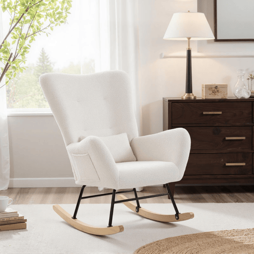 HOMCOM Poltrona Baloiço em Borrego Sintético Poltrona para Amamentação com Encosto Acolchoado Almofada e Base de Madeira de Borracha Suporta 120 kg 67x82x100 cm Creme