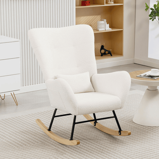 HOMCOM Poltrona Baloiço em Borrego Sintético Poltrona para Amamentação com Encosto Acolchoado Almofada e Base de Madeira de Borracha Suporta 120 kg 67x82x100 cm Creme