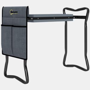 Outsunny Banco de Jardim Dobrável com Almofada de Espuma EVA Assento de Jardim 2 em 1 com Saco para Ferramentas Portátil Suporta 150kg para Jardinagem 58x28x49 cm Cinzento