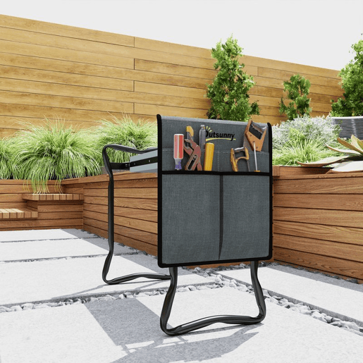 Outsunny Banco de Jardim Dobrável com Almofada de Espuma EVA Assento de Jardim 2 em 1 com Saco para Ferramentas Portátil Suporta 150kg para Jardinagem 58x28x49 cm Cinzento